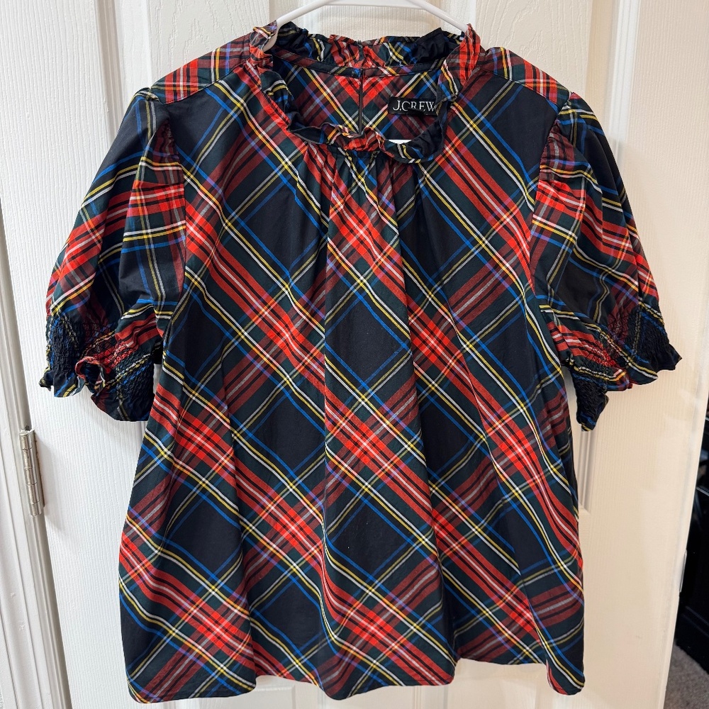 J.Crew Plaid Ruffle-Neck Puff-Sleeve Top – Size XL